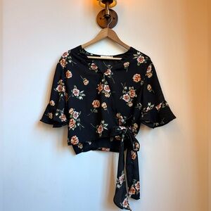 Lush Black Floral Wrap Blouse